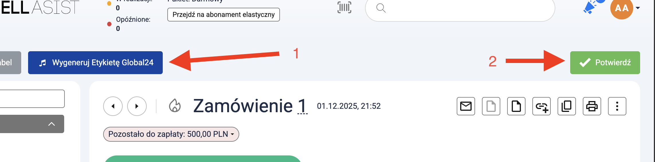 Przycisk generowania etykiety Global24 i potwierdzenie