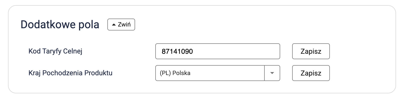Dodatkowe pola produktu z kodem taryfy celnej i krajem pochodzenia